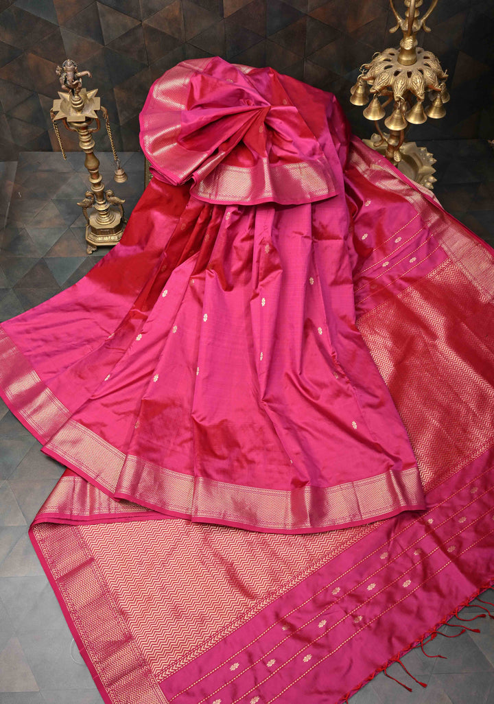 Hot Pink Maheshwari Pure Silk Saree with Chunri Buttis and Zari Border | SILK MARK CERTIFIED