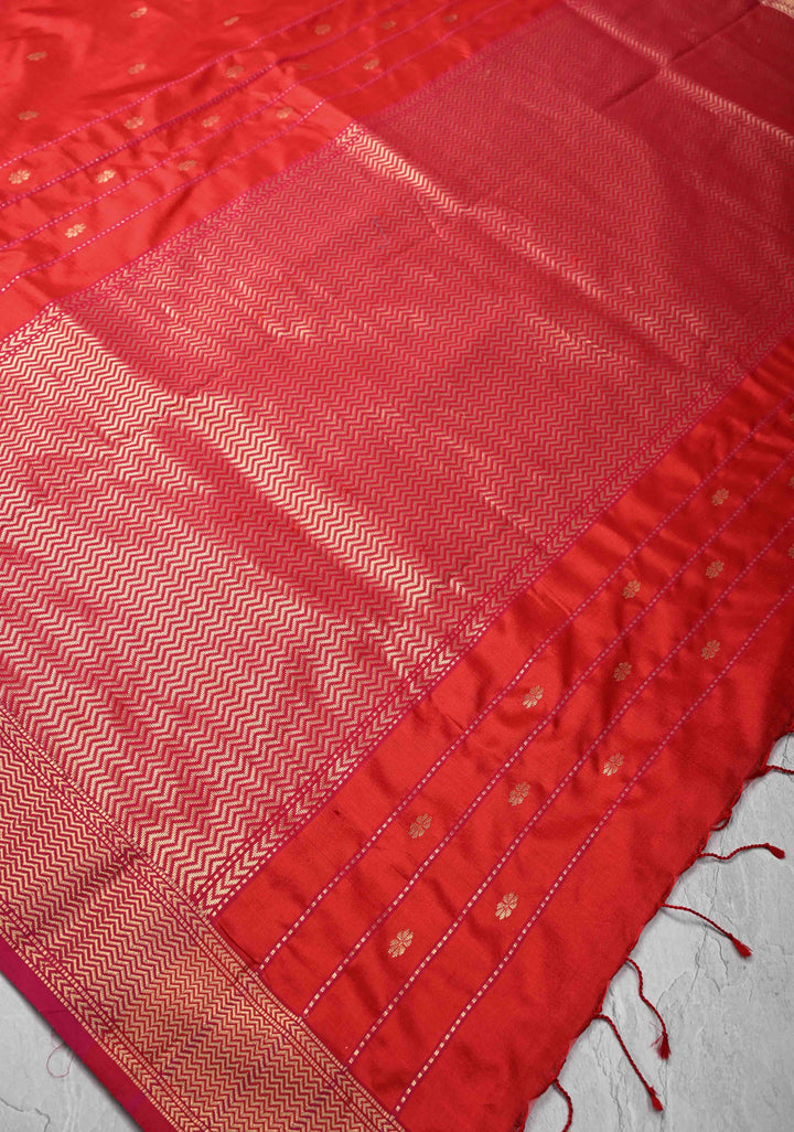 Red Maheshwari Pure Silk Saree with Zari Buttis and Zari Border |SILK MARK CERTIFIED