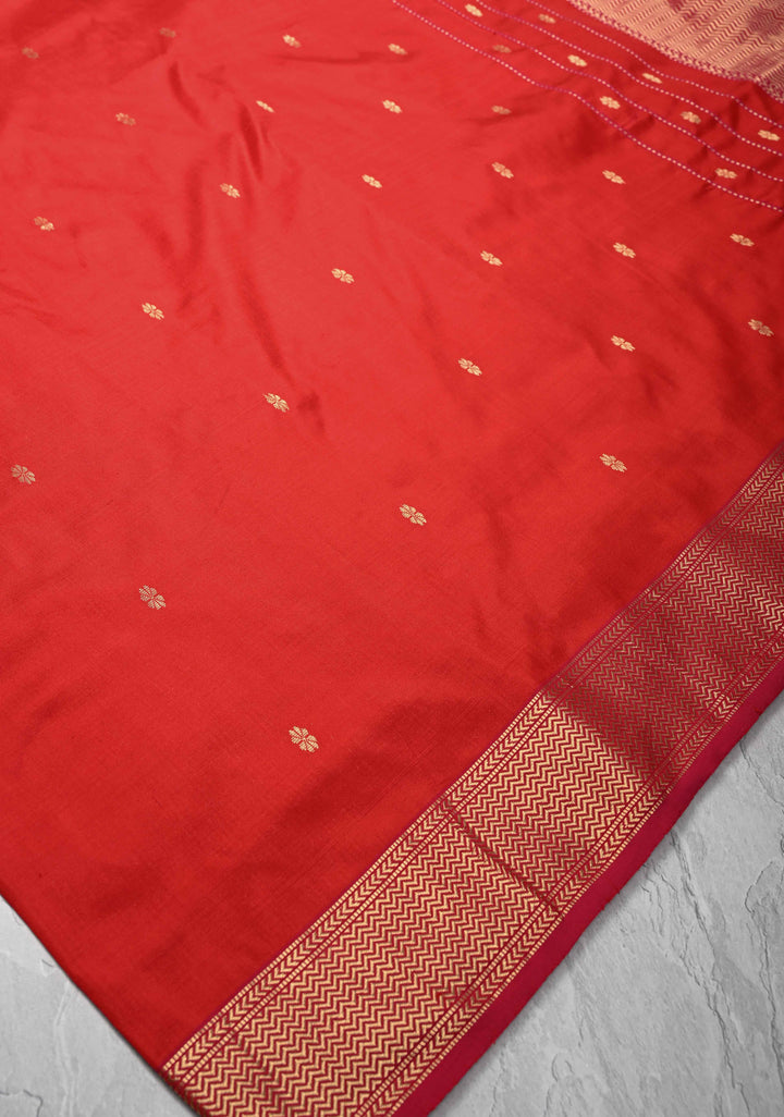 Red Maheshwari Pure Silk Saree with Zari Buttis and Zari Border |SILK MARK CERTIFIED