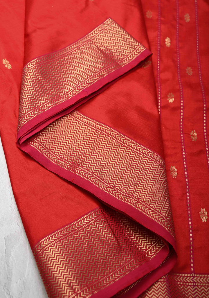 Red Maheshwari Pure Silk Saree with Zari Buttis and Zari Border |SILK MARK CERTIFIED