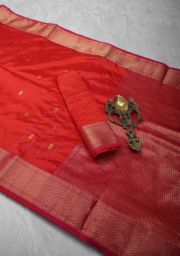 Red Maheshwari Pure Silk Saree with Zari Buttis and Zari Border |SILK MARK CERTIFIED