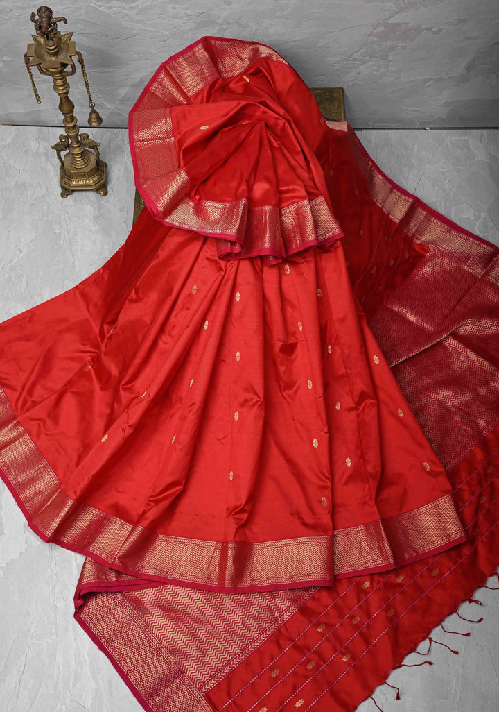 Red Maheshwari Pure Silk Saree with Zari Buttis and Zari Border |SILK MARK CERTIFIED