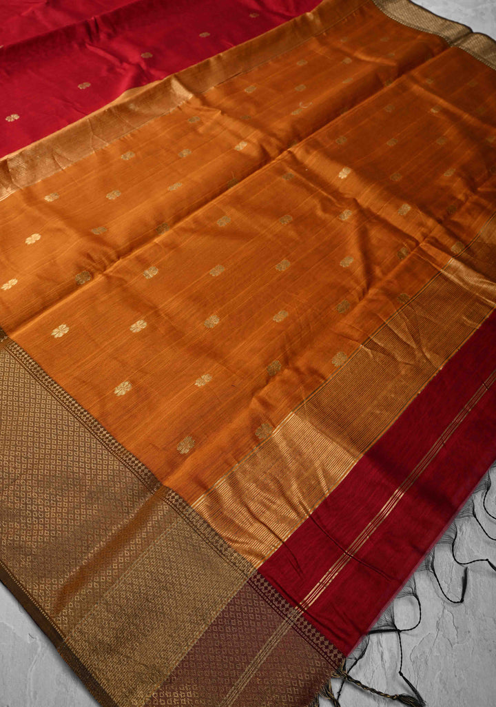 Red Maheshwari Silk Cotton Saree with Zari Buttis and Zari Border