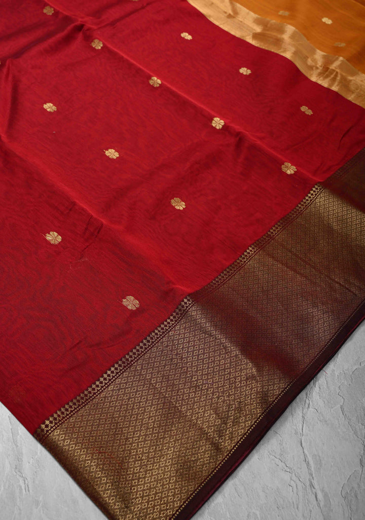 Red Maheshwari Silk Cotton Saree with Zari Buttis and Zari Border