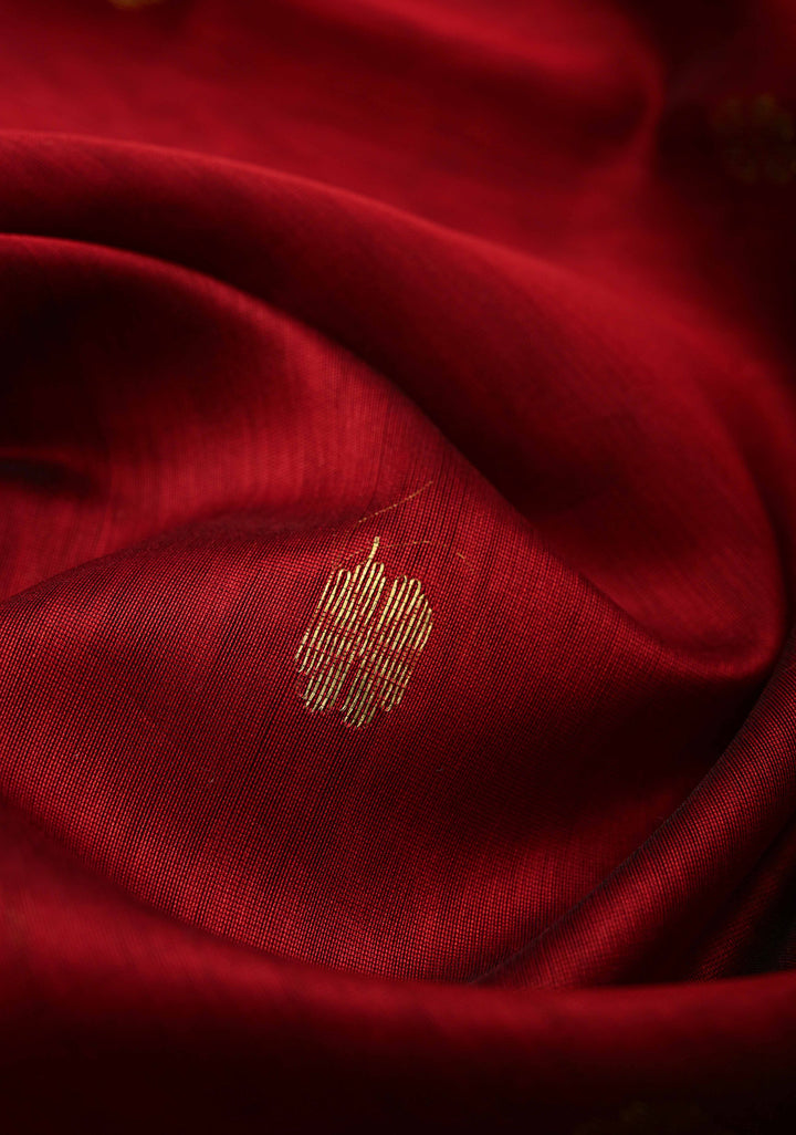 Red Maheshwari Silk Cotton Saree with Zari Buttis and Zari Border