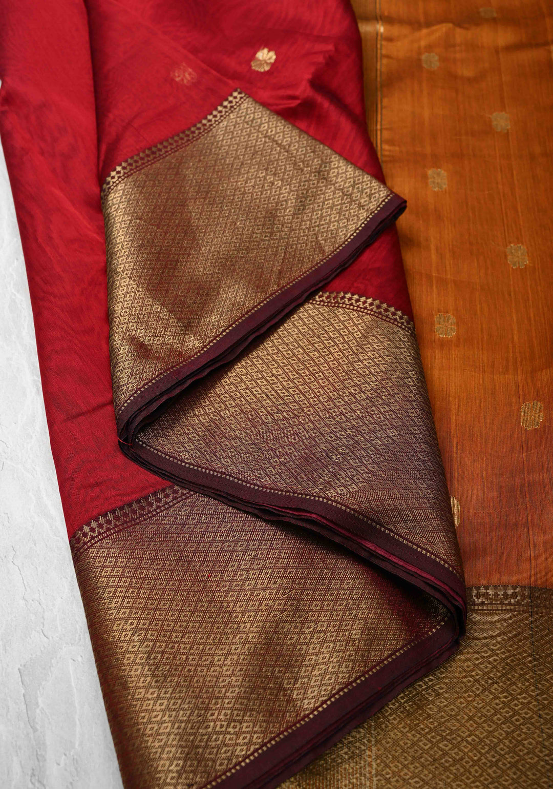 Red Maheshwari Silk Cotton Saree with Zari Buttis and Zari Border