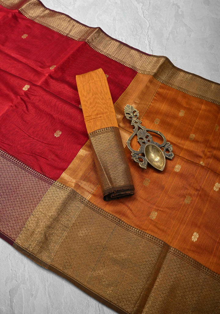 Red Maheshwari Silk Cotton Saree with Zari Buttis and Zari Border