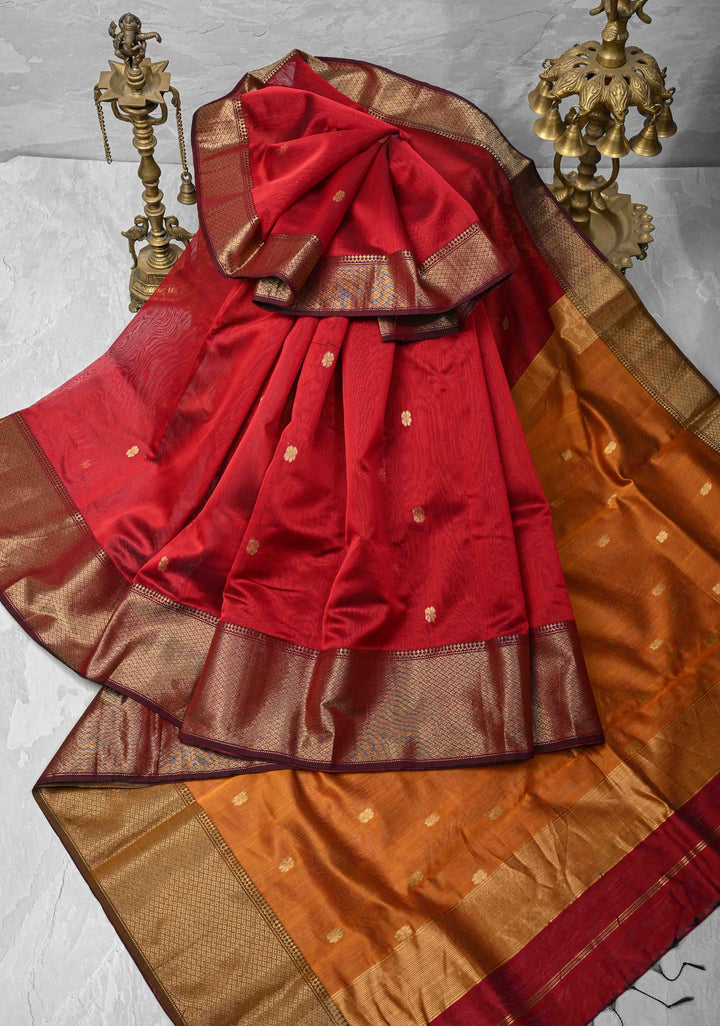 Red Maheshwari Silk Cotton Saree with Zari Buttis and Zari Border