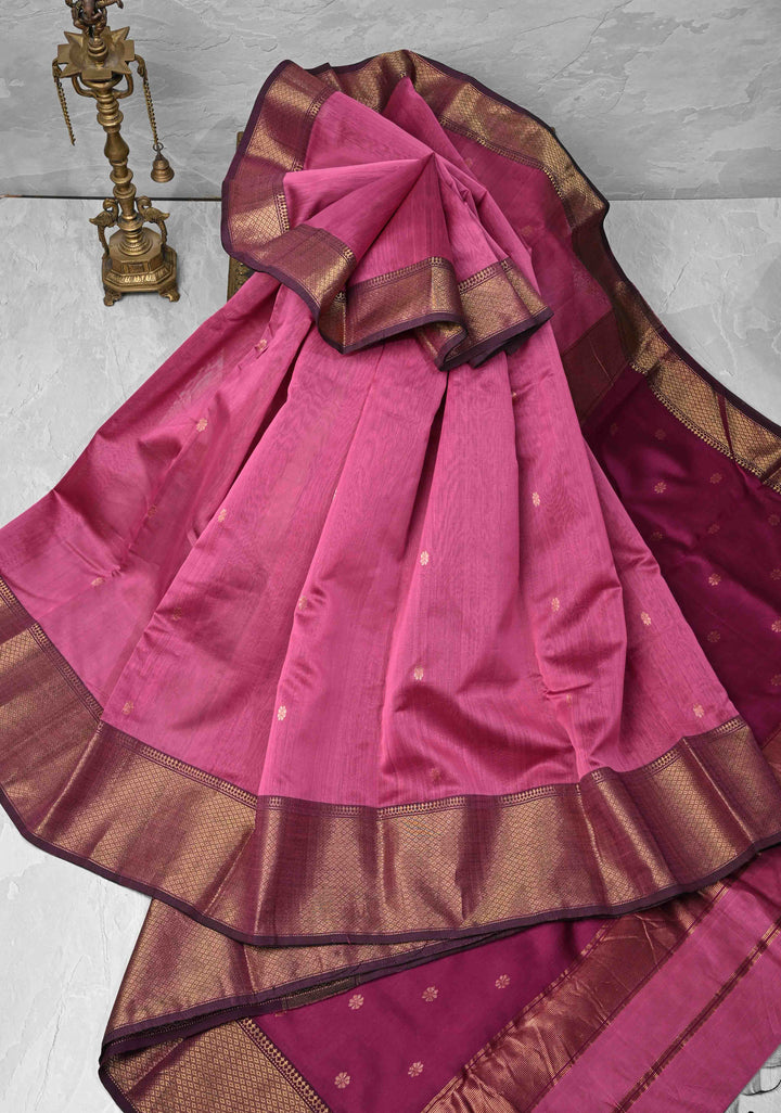 Pink Maheshwari Pure Silk Saree with Chunri Buttis and Zari Border | SILK MARK CERTIFIED