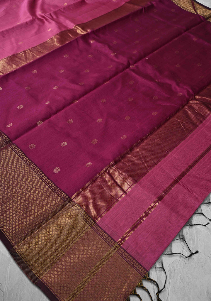 Pink Maheshwari Pure Silk Saree with Chunri Buttis and Zari Border | SILK MARK CERTIFIED