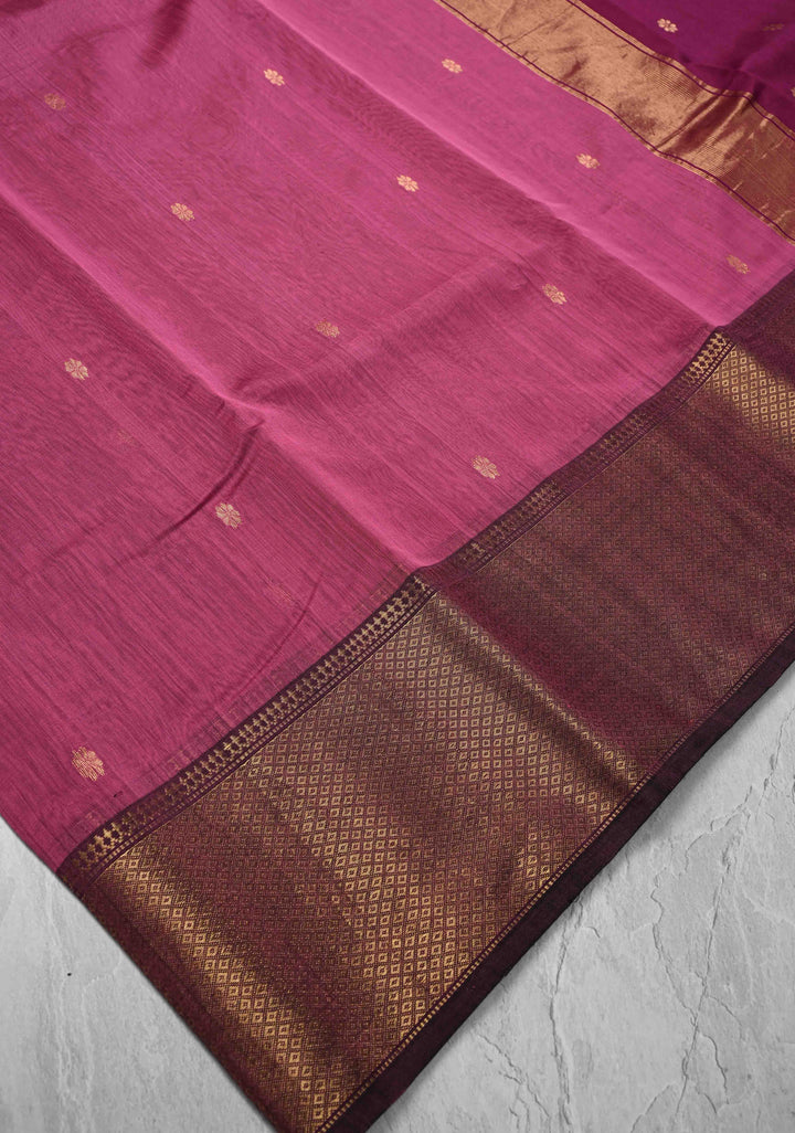 Pink Maheshwari Pure Silk Saree with Chunri Buttis and Zari Border | SILK MARK CERTIFIED