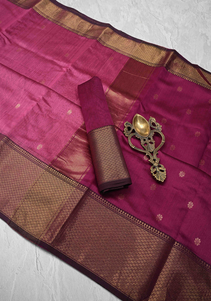 Pink Maheshwari Pure Silk Saree with Chunri Buttis and Zari Border | SILK MARK CERTIFIED