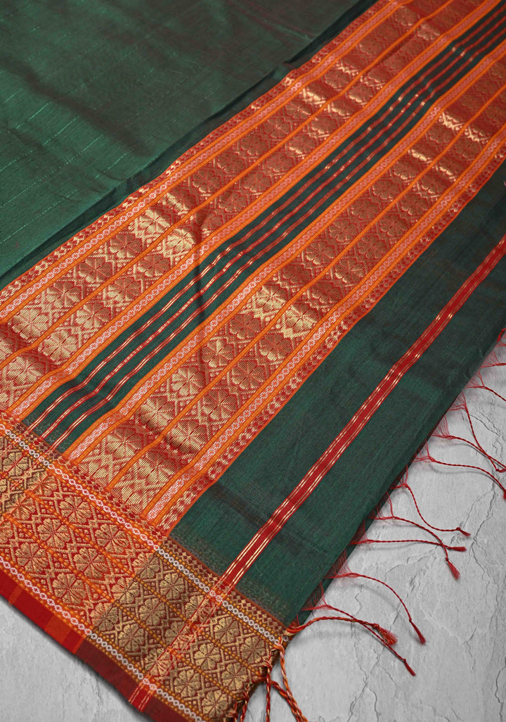 Green Dual tone Handwoven Maheshwari Silk Cotton Saree with Muted Stripes and Zari Borders