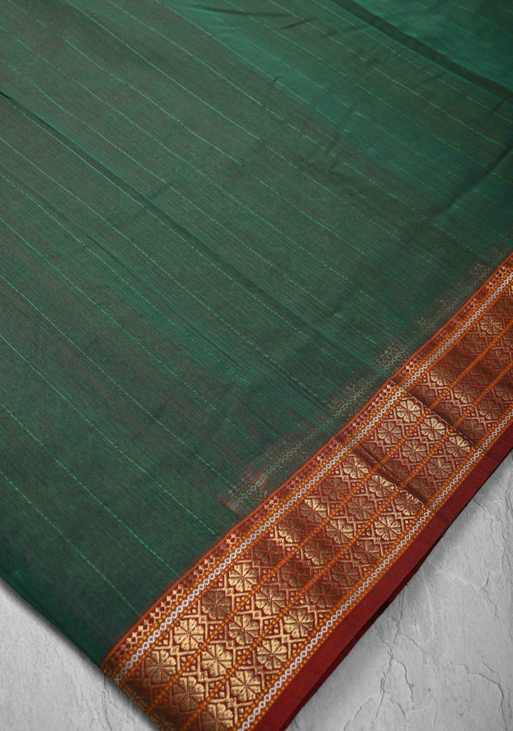 Green Dual tone Handwoven Maheshwari Silk Cotton Saree with Muted Stripes and Zari Borders