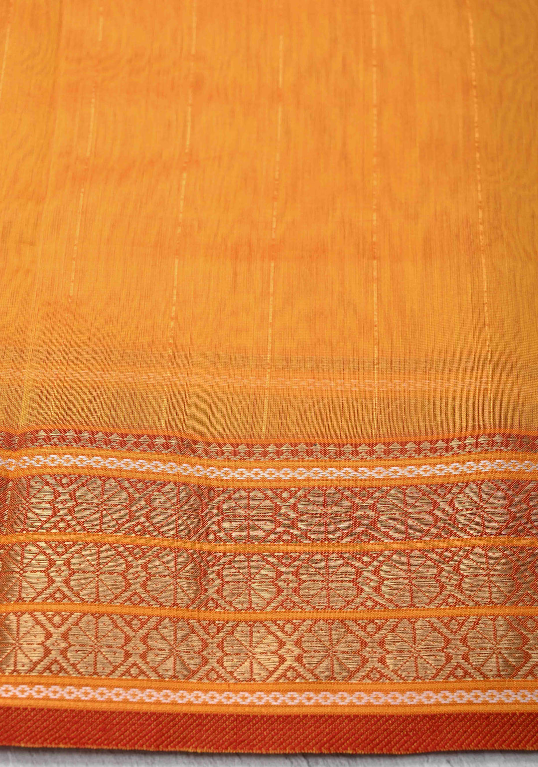 Mustard Yellow Handwoven Maheshwari Silk Cotton Saree with Muted Stripes and Zari Borders