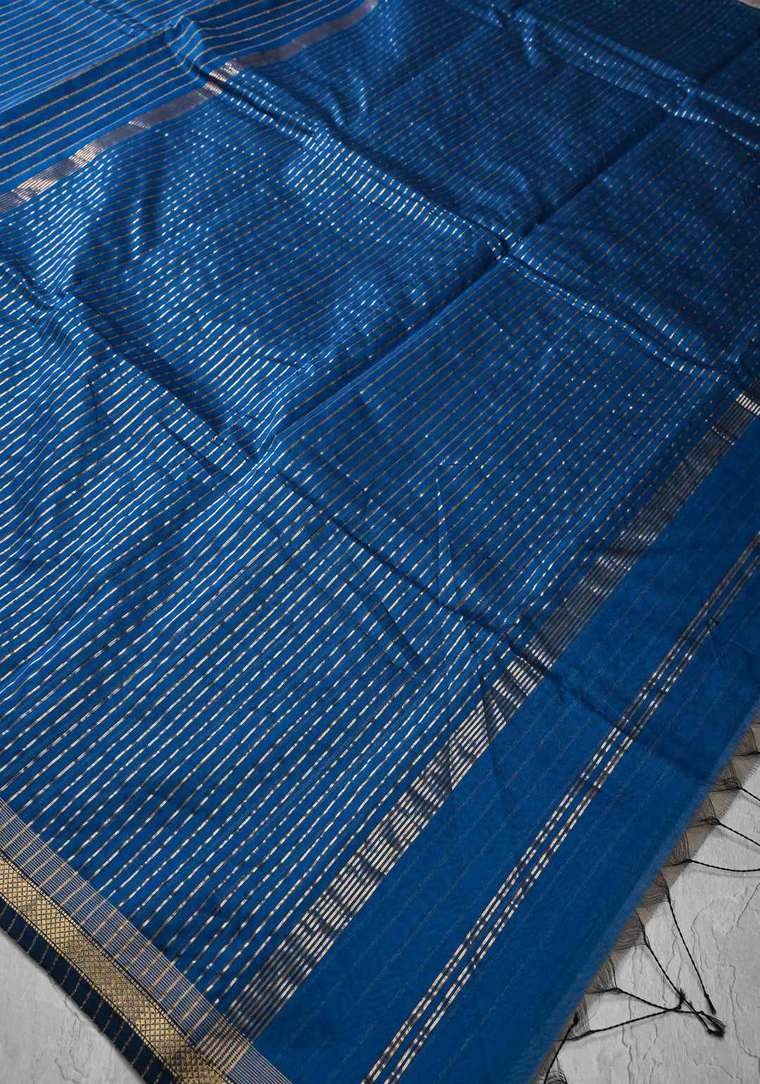 Cobalt Blue Handwoven Maheshwari Silk Cotton Saree with Vertical Stripes and Minimal Zari Borders