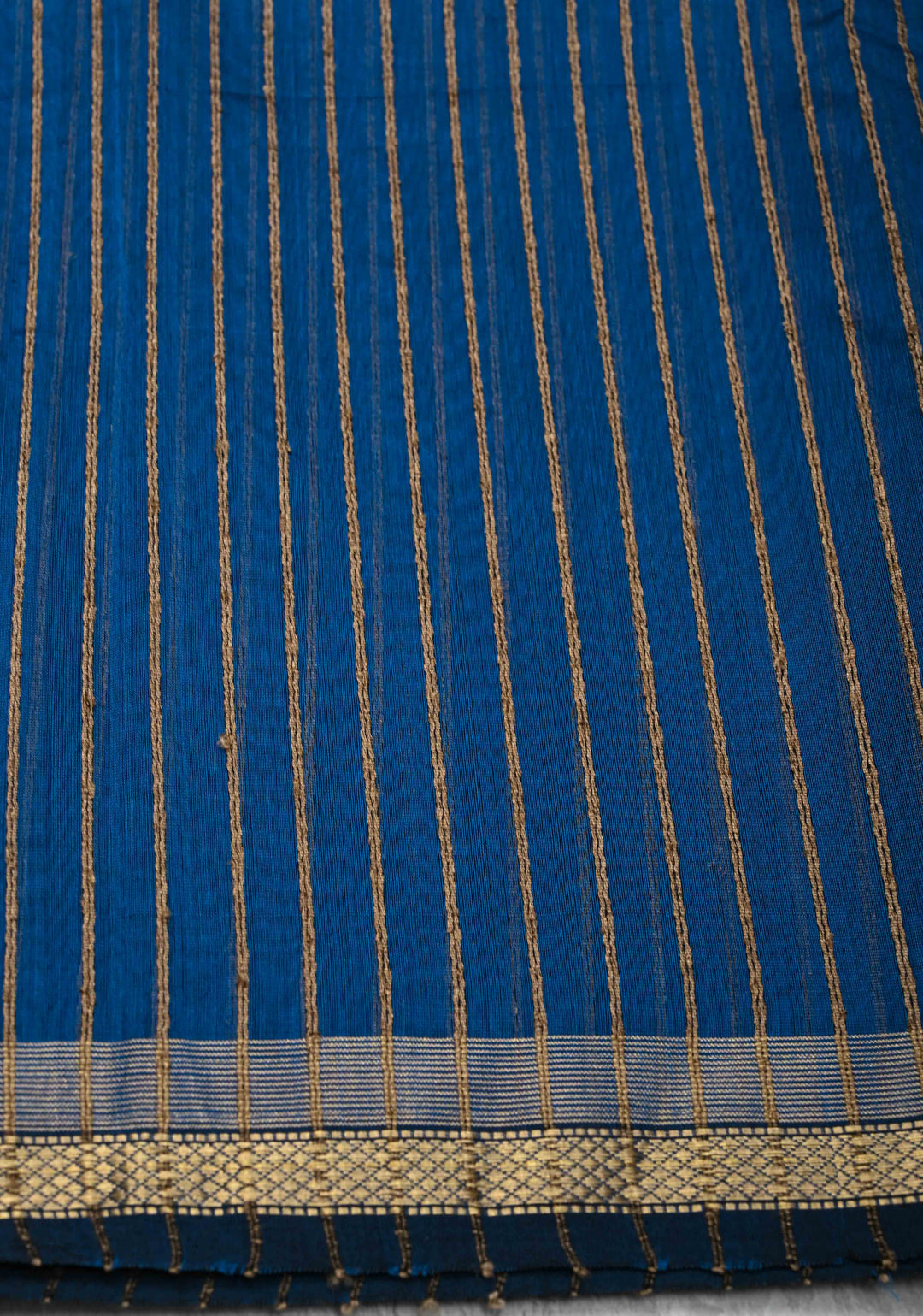 Cobalt Blue Handwoven Maheshwari Silk Cotton Saree with Vertical Stripes and Minimal Zari Borders