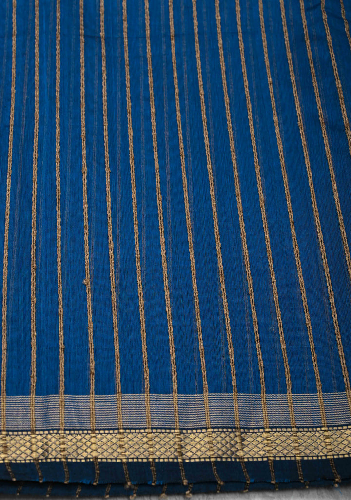 Cobalt Blue Handwoven Maheshwari Silk Cotton Saree with Vertical Stripes and Minimal Zari Borders