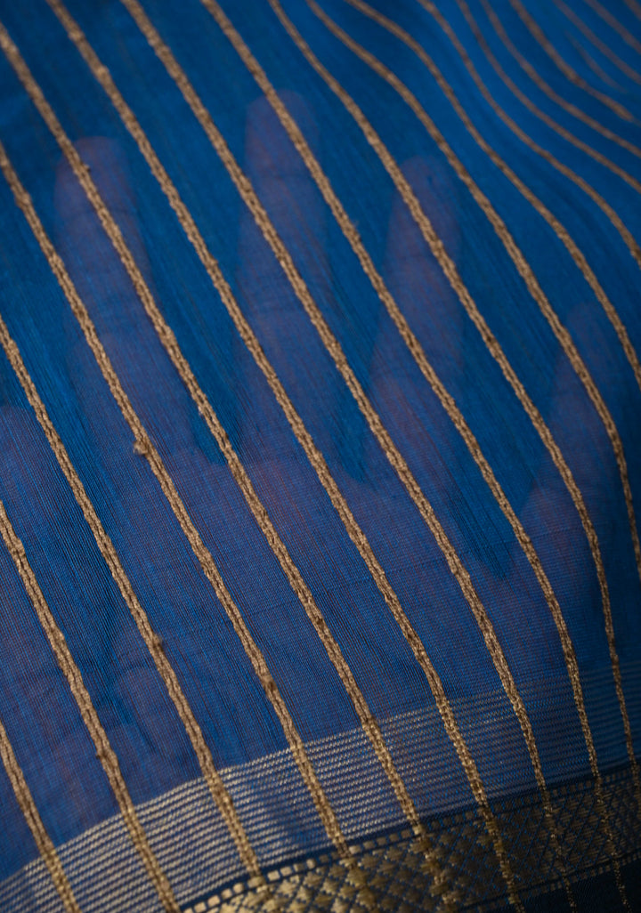 Cobalt Blue Handwoven Maheshwari Silk Cotton Saree with Vertical Stripes and Minimal Zari Borders