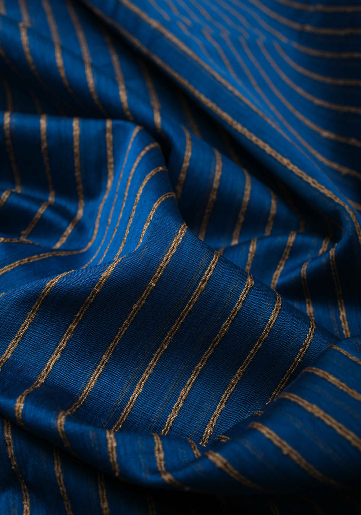 Cobalt Blue Handwoven Maheshwari Silk Cotton Saree with Vertical Stripes and Minimal Zari Borders