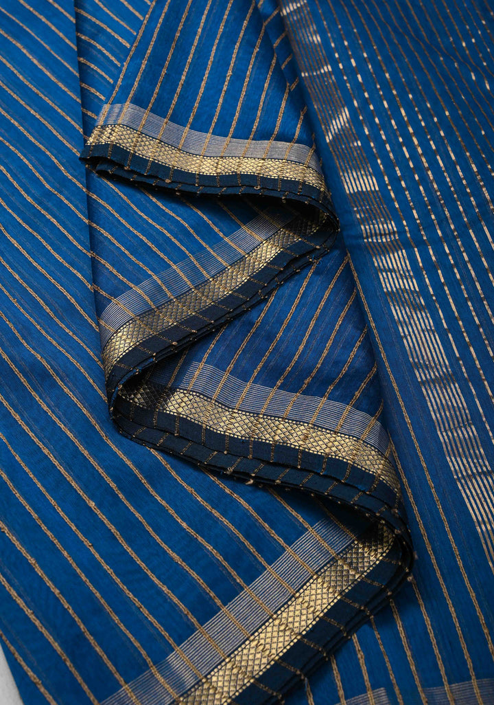 Cobalt Blue Handwoven Maheshwari Silk Cotton Saree with Vertical Stripes and Minimal Zari Borders