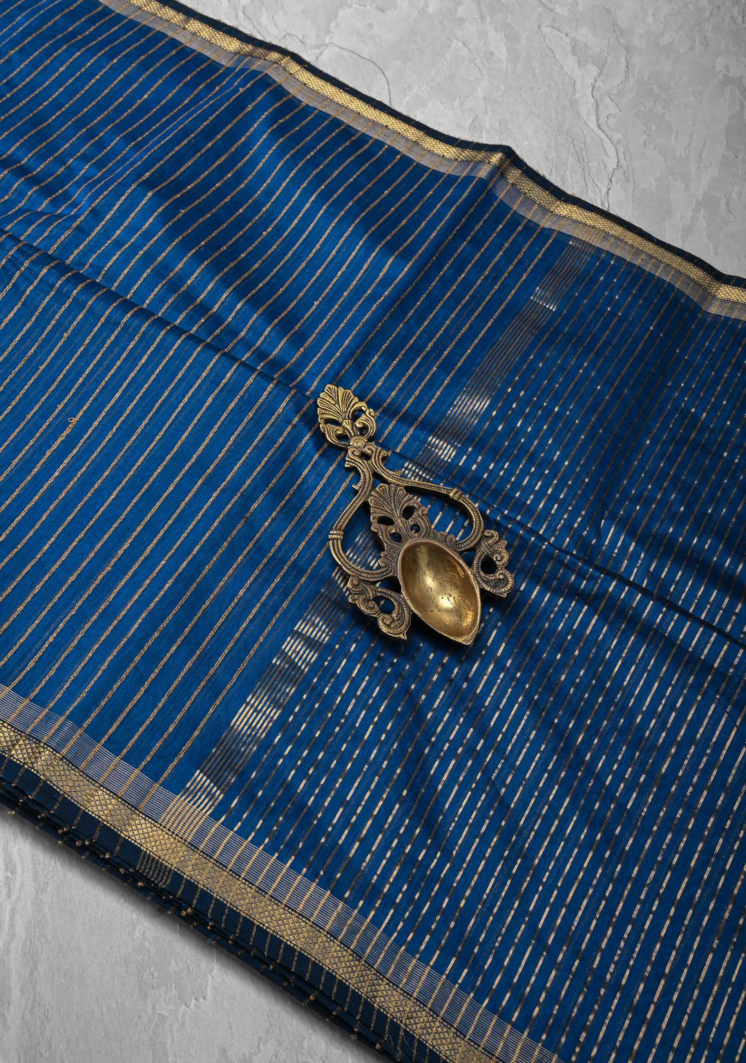 Cobalt Blue Handwoven Maheshwari Silk Cotton Saree with Vertical Stripes and Minimal Zari Borders