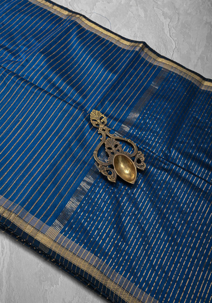 Cobalt Blue Handwoven Maheshwari Silk Cotton Saree with Vertical Stripes and Minimal Zari Borders