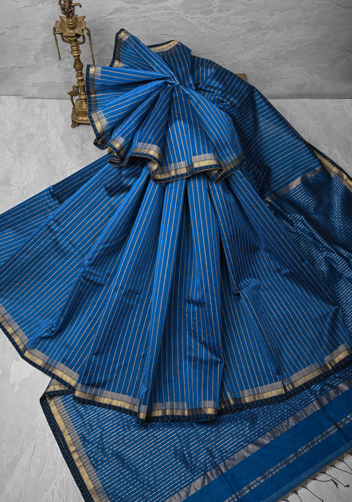Cobalt Blue Handwoven Maheshwari Silk Cotton Saree with Vertical Stripes and Minimal Zari Borders
