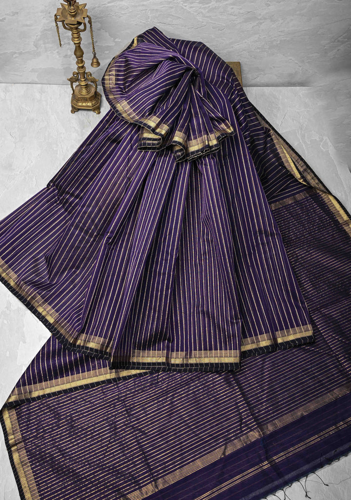 Purple Handwoven Maheshwari Silk Cotton Saree with Vertical Stripes and Minimal Zari Borders