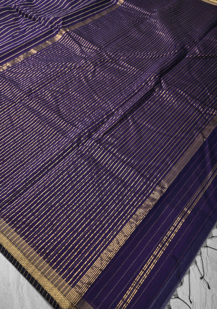 Purple Handwoven Maheshwari Silk Cotton Saree with Vertical Stripes and Minimal Zari Borders