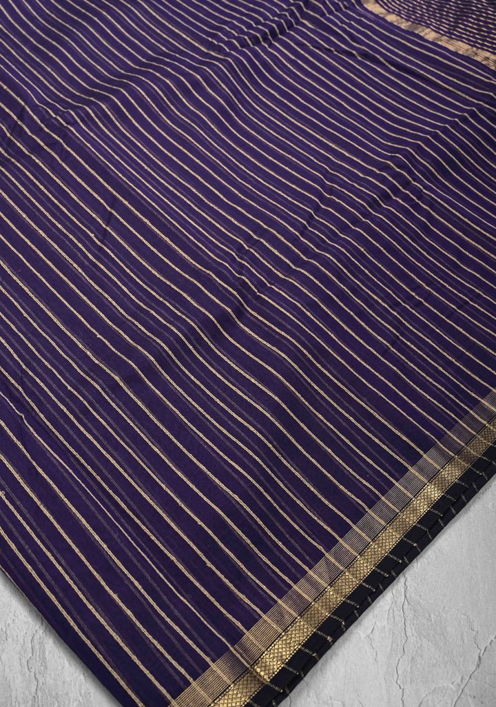 Purple Handwoven Maheshwari Silk Cotton Saree with Vertical Stripes and Minimal Zari Borders