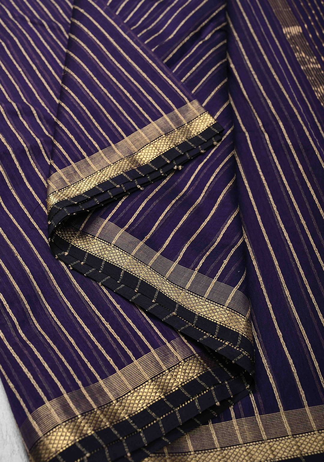 Purple Handwoven Maheshwari Silk Cotton Saree with Vertical Stripes and Minimal Zari Borders