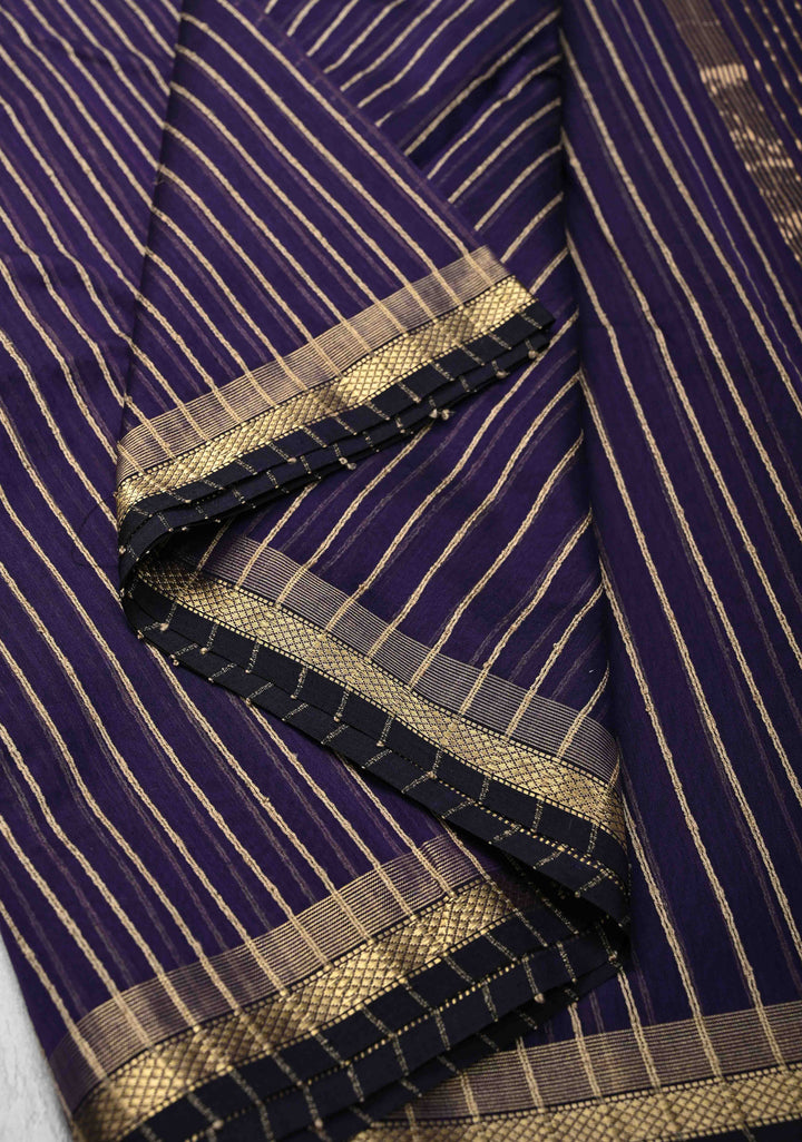 Purple Handwoven Maheshwari Silk Cotton Saree with Vertical Stripes and Minimal Zari Borders
