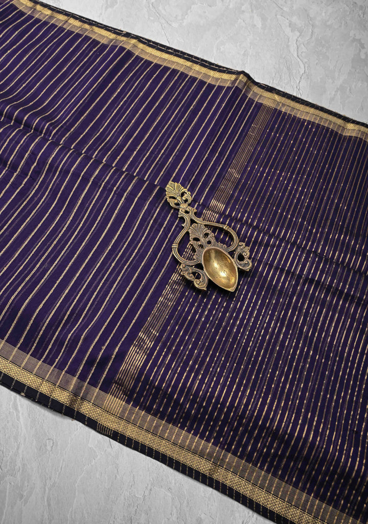 Purple Handwoven Maheshwari Silk Cotton Saree with Vertical Stripes and Minimal Zari Borders