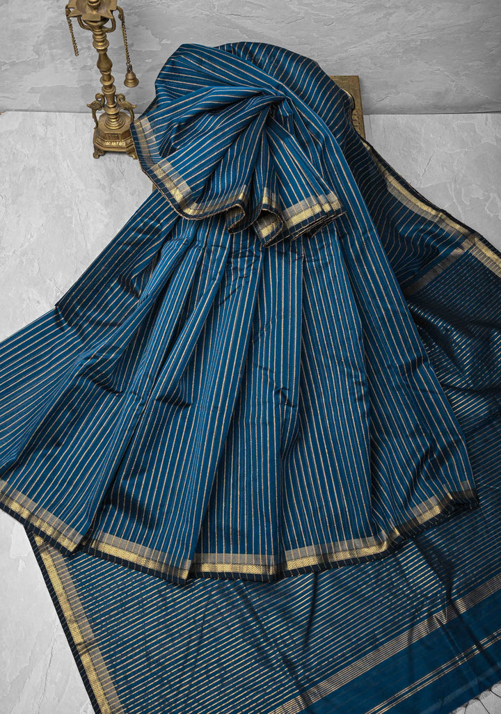 Prussian Blue Handwoven Maheshwari Silk Cotton Saree with Vertical Stripes and Minimal Zari Borders