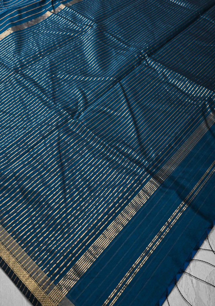 Prussian Blue Handwoven Maheshwari Silk Cotton Saree with Vertical Stripes and Minimal Zari Borders