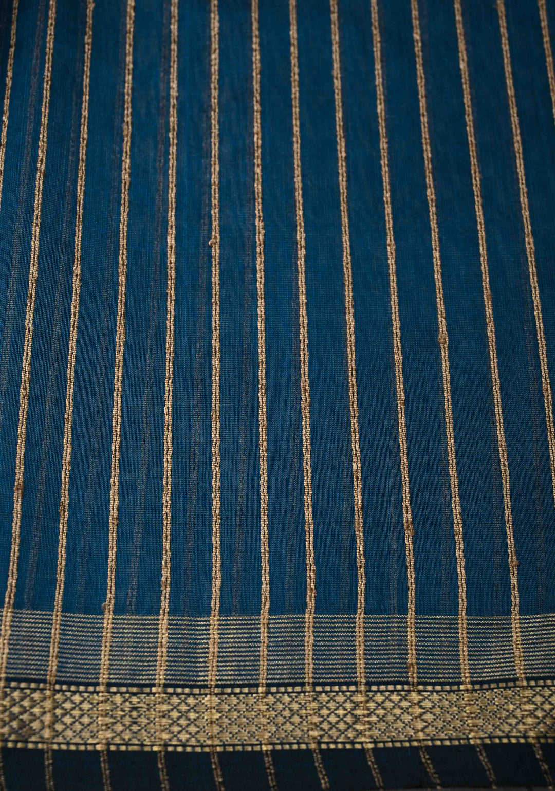 Prussian Blue Handwoven Maheshwari Silk Cotton Saree with Vertical Stripes and Minimal Zari Borders