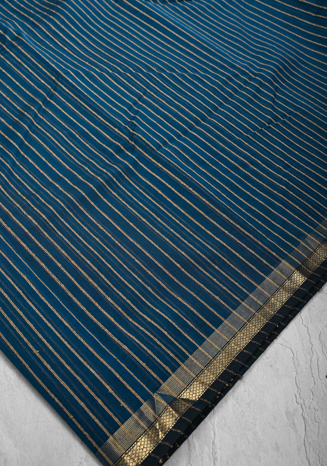 Prussian Blue Handwoven Maheshwari Silk Cotton Saree with Vertical Stripes and Minimal Zari Borders