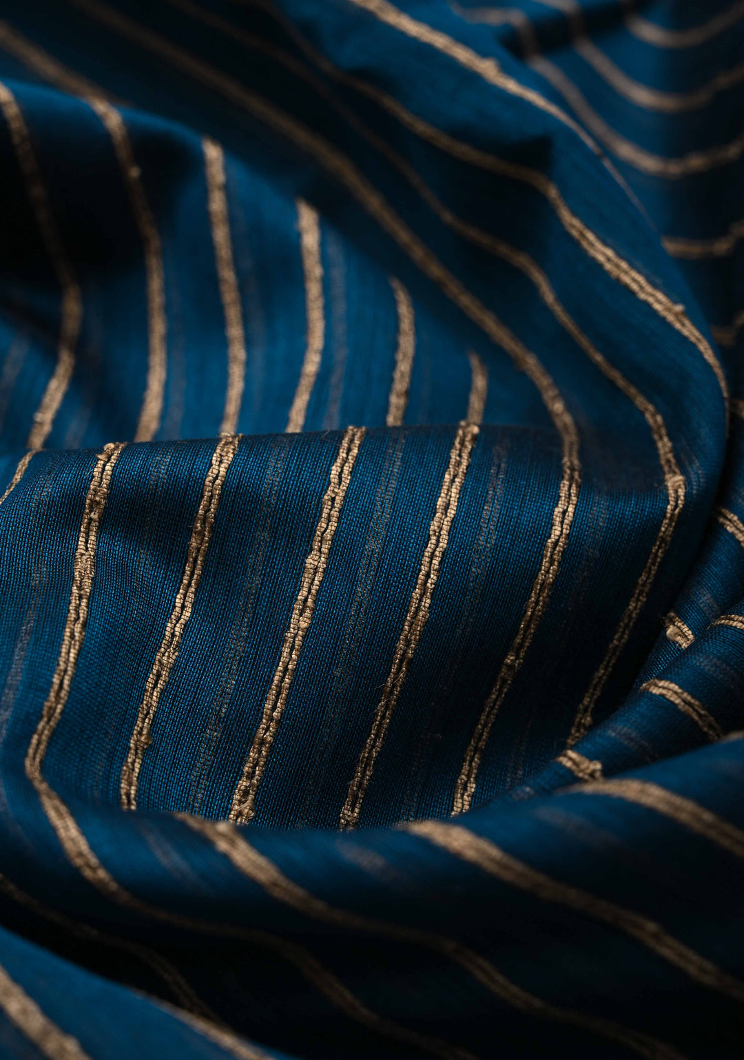 Prussian Blue Handwoven Maheshwari Silk Cotton Saree with Vertical Stripes and Minimal Zari Borders