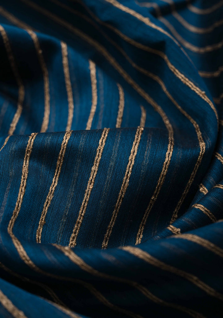 Prussian Blue Handwoven Maheshwari Silk Cotton Saree with Vertical Stripes and Minimal Zari Borders