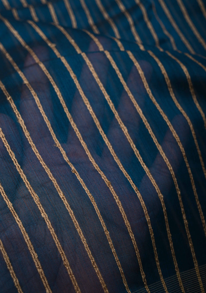 Prussian Blue Handwoven Maheshwari Silk Cotton Saree with Vertical Stripes and Minimal Zari Borders