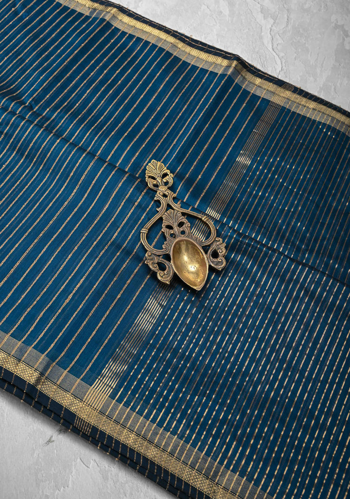 Prussian Blue Handwoven Maheshwari Silk Cotton Saree with Vertical Stripes and Minimal Zari Borders