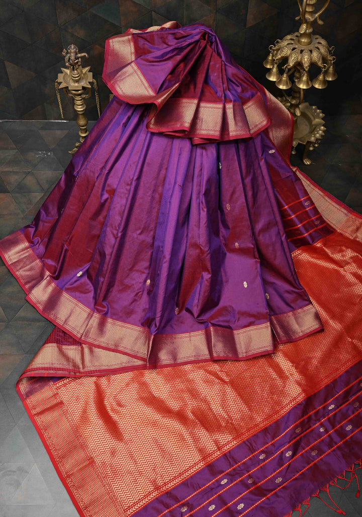 Purple Dual Tone Maheshwari Pure Silk Saree with Chunri Buttis and Zari Border | SILK MARK CERTIFIED