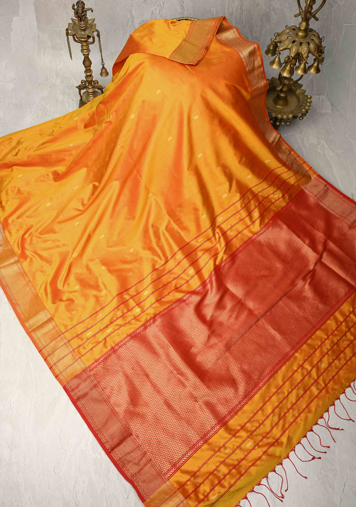 Orange Dual tone Maheshwari Pure Silk Saree with Chunri Buttis and Zari Border | SILK MARK CERTIFIED