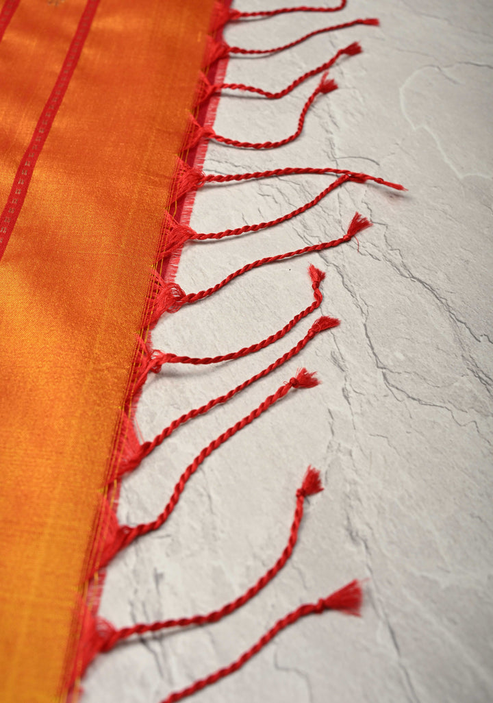 Orange Dual tone Maheshwari Pure Silk Saree with Chunri Buttis and Zari Border | SILK MARK CERTIFIED