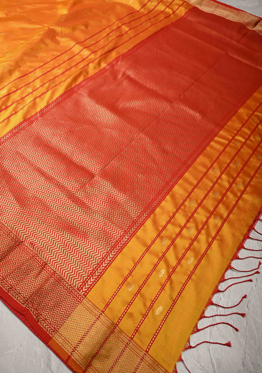 Orange Dual tone Maheshwari Pure Silk Saree with Chunri Buttis and Zari Border | SILK MARK CERTIFIED