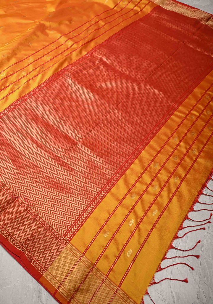 Orange Dual tone Maheshwari Pure Silk Saree with Chunri Buttis and Zari Border | SILK MARK CERTIFIED
