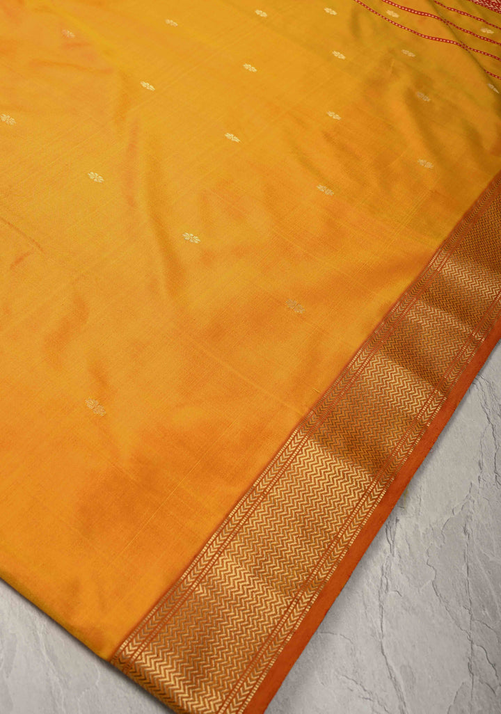 Orange Dual tone Maheshwari Pure Silk Saree with Chunri Buttis and Zari Border | SILK MARK CERTIFIED