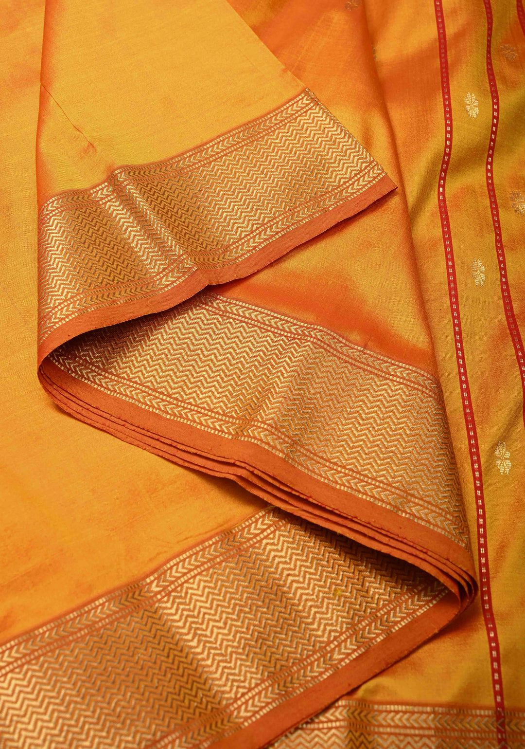 Orange Dual tone Maheshwari Pure Silk Saree with Chunri Buttis and Zari Border | SILK MARK CERTIFIED