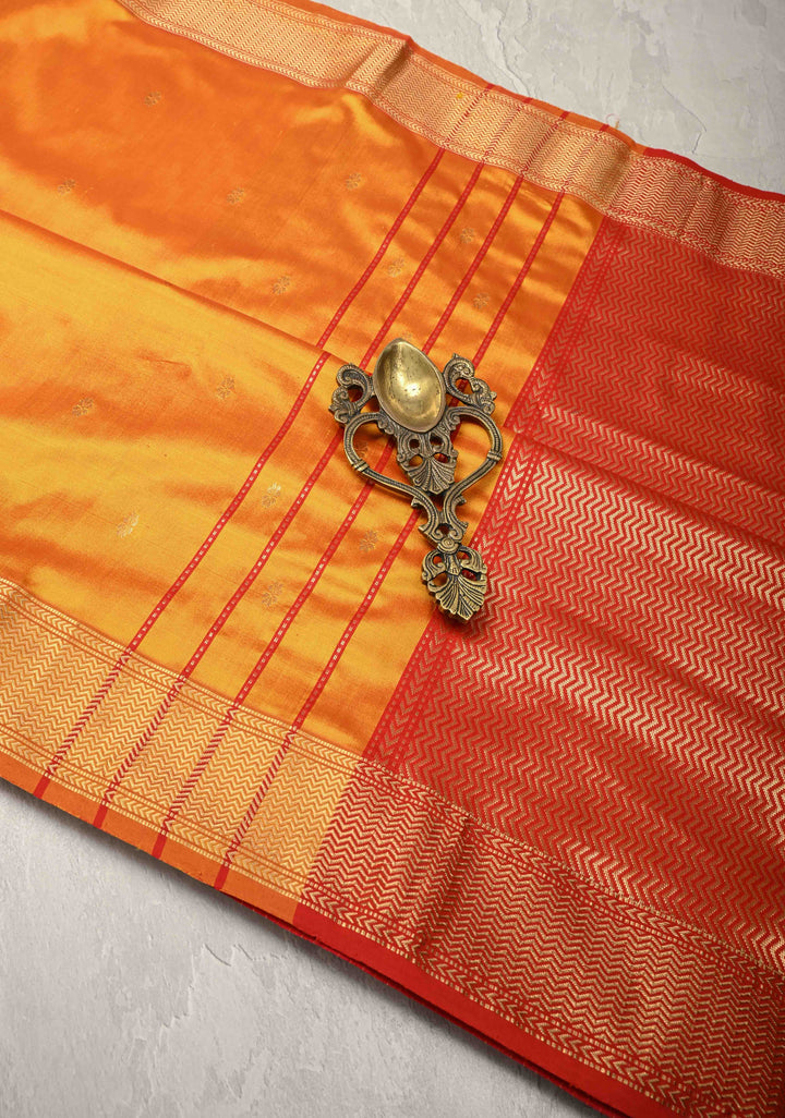 Orange Dual tone Maheshwari Pure Silk Saree with Chunri Buttis and Zari Border | SILK MARK CERTIFIED